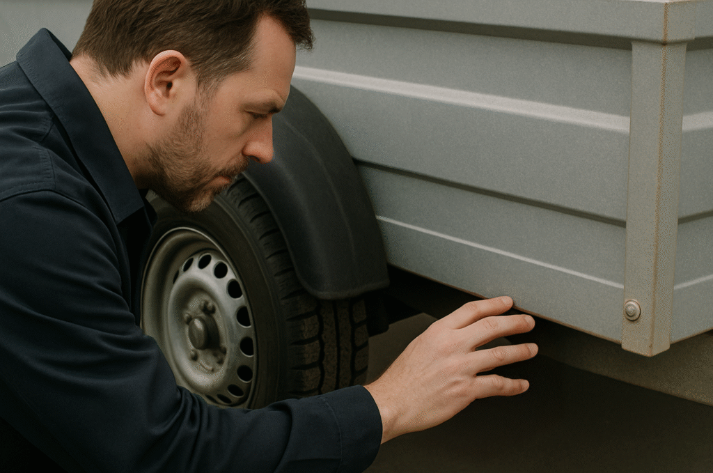 Ein Mann mittleren Alters in dunkler Arbeitskleidung untersucht konzentriert den Reifen eines grauen Anhängers, wobei er mit der Hand das Reifenprofil abtastet. Die Anhängerkupplung ist nicht sichtbar, im Fokus stehen der Reifen, der Radkasten und die Seitenwand des Anhängers.