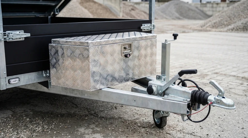 Werkzeugbox aus Alu-Riffelblech – praktisches Zubehör für Anhänger zur sicheren Aufbewahrung.