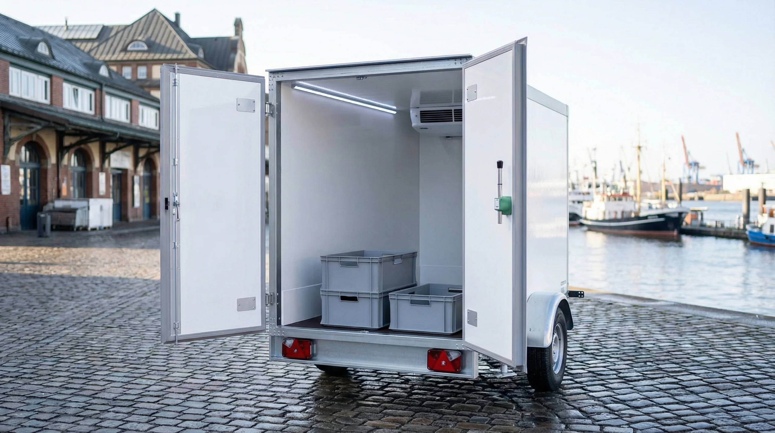 Innenansicht eines Kühlanhängers mit Boxen – hygienische Kühlung für Lebensmittel auf dem Wochenmarkt.