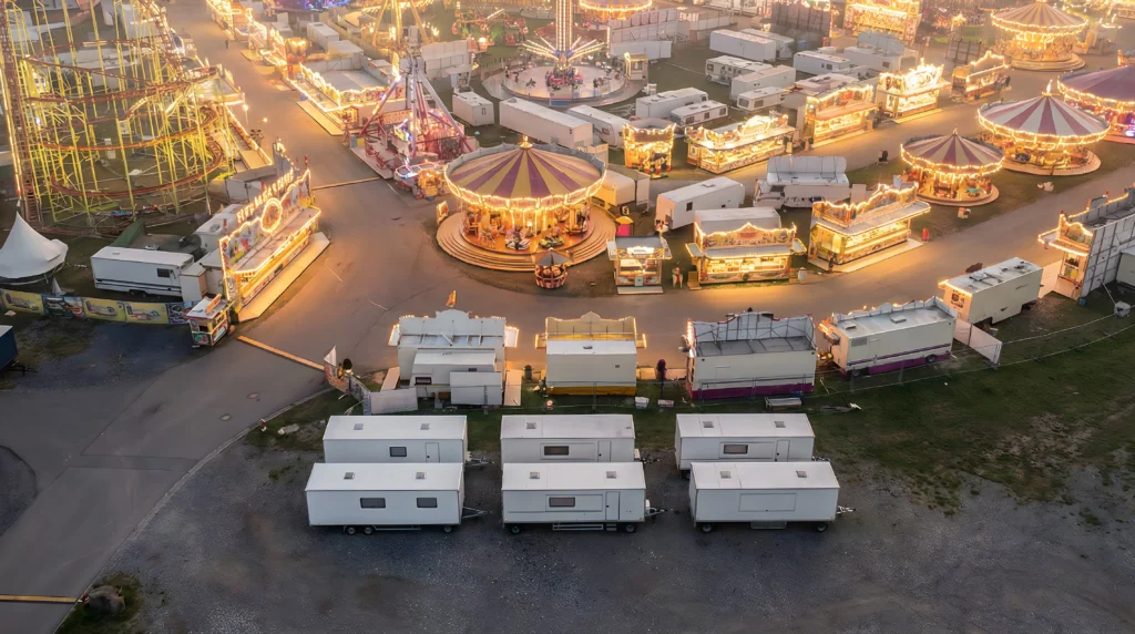 Luftbildaufnahme eines beleuchteten Jahrmarkts mit mehreren Mannschaftswagen – mobile Lösungen für Schausteller im Einsatz