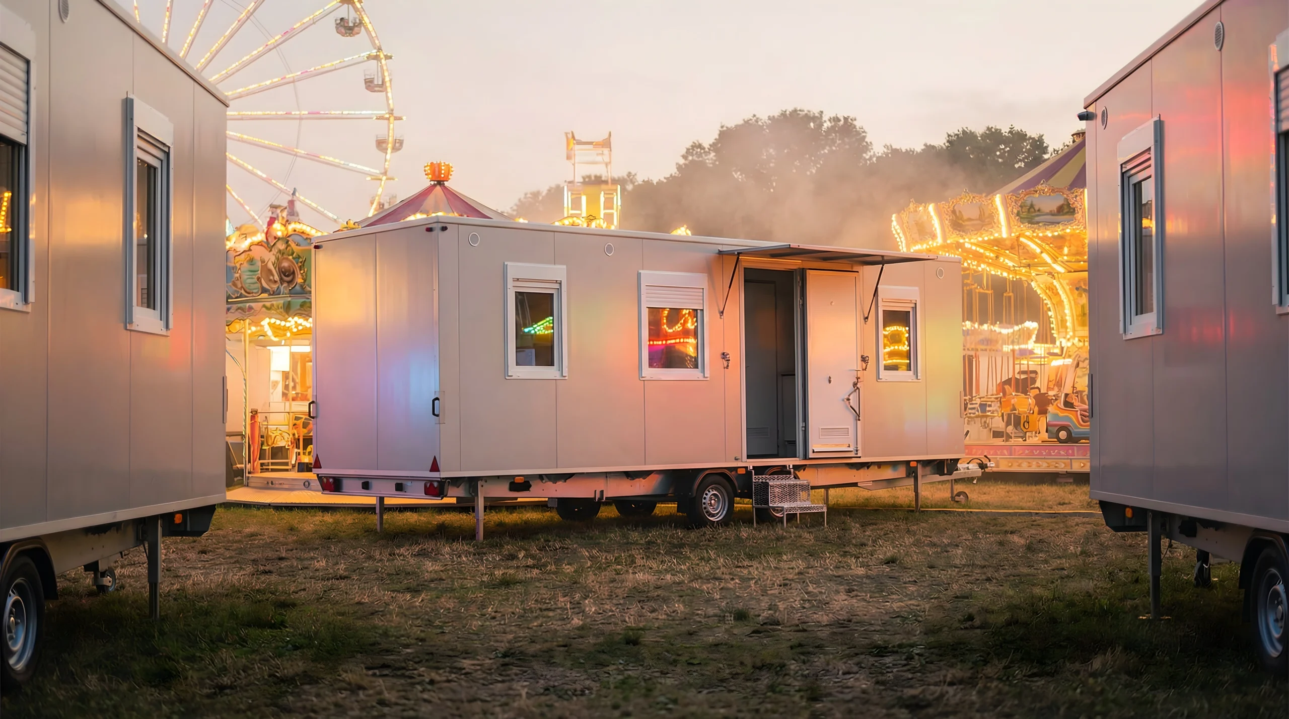 Moderner Mannschaftswagen mit Beleuchtung auf einem Volksfest – mobiler Wohnkomfort für Schausteller und Eventpersonal