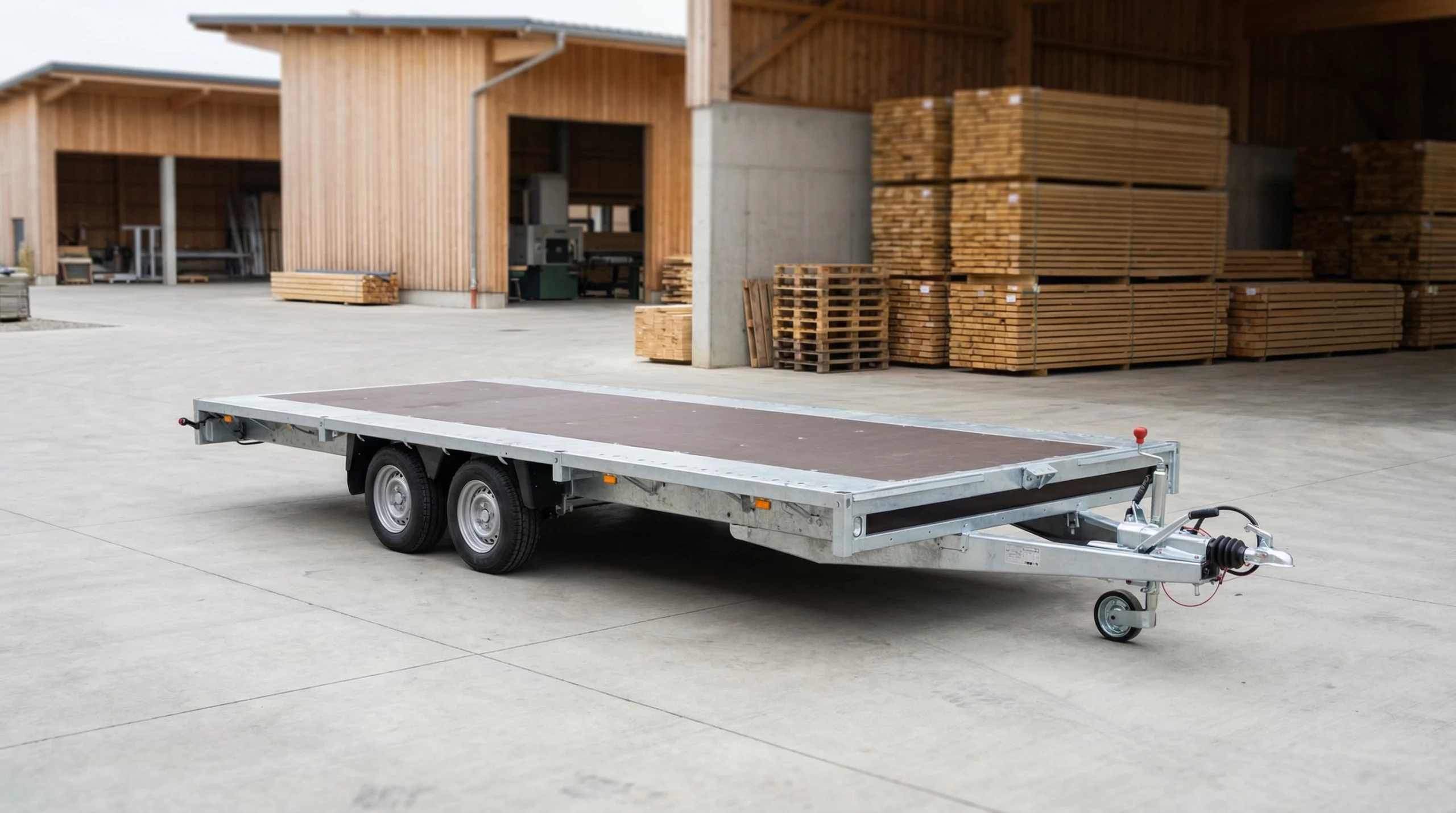 Plattformanhänger mit großer Ladefläche – optimal für den Transport von Baumaterialien und Paletten.