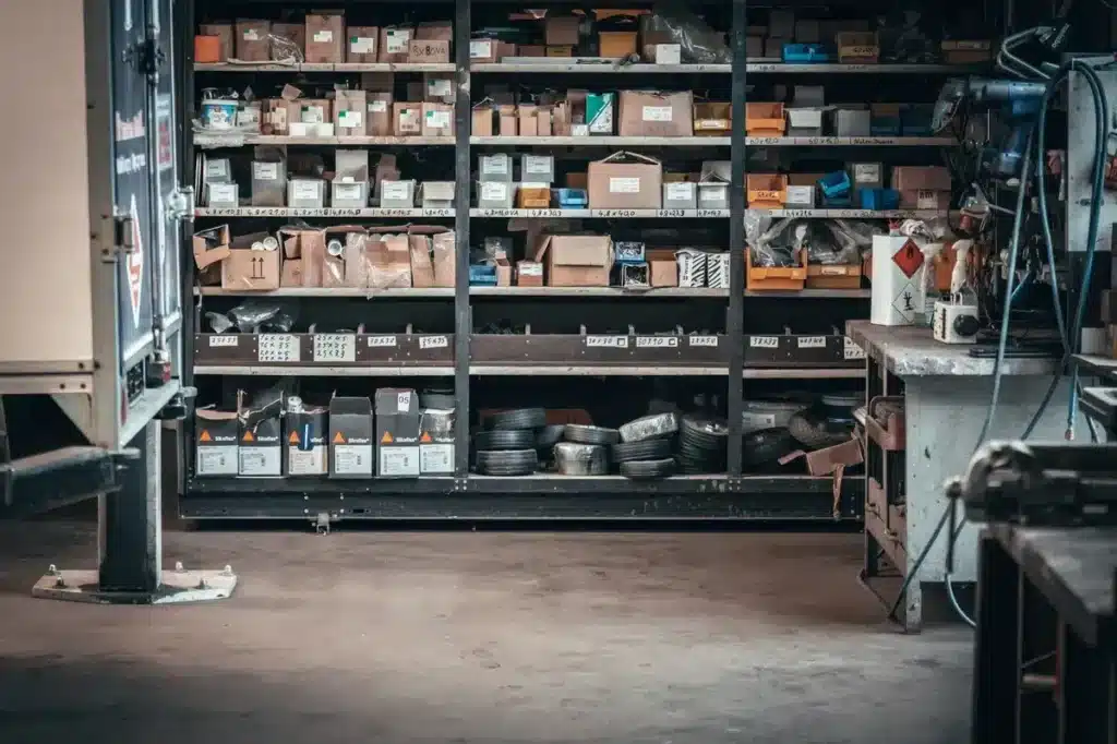 Übersichtliches Anhänger Ersatzteillager mit Regalsystem – Bauteile und Zubehör für Reparatur und Wartung | Rosemeier